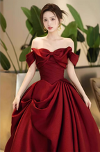 Elegant Burgundy A-Line Off-The-Shoulder Bow-Embellished Satin Long Classy Prom Dress