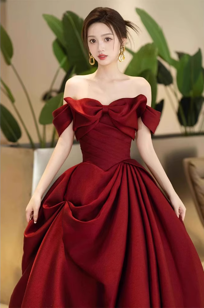 Elegant Burgundy A-Line Off-The-Shoulder Bow-Embellished Satin Long Classy Prom Dress