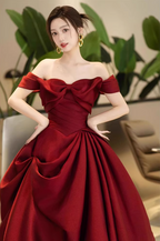 Elegant Burgundy A-Line Off-The-Shoulder Bow-Embellished Satin Long Classy Prom Dress