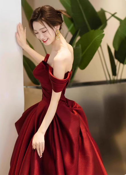 Elegant Burgundy A-Line Off-The-Shoulder Bow-Embellished Satin Long Classy Prom Dress