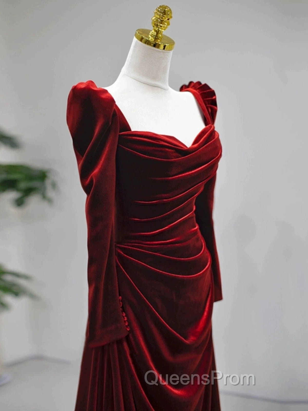 Elegant Wine Red Velvet Long Sleeves Evening Dress, Evening Wedding Party Dress