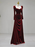 Elegant Wine Red Velvet Long Sleeves Evening Dress, Evening Wedding Party Dress