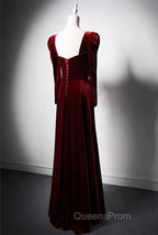 Elegant Wine Red Velvet Long Sleeves Evening Dress, Evening Wedding Party Dress