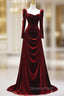Elegant Wine Red Velvet Long Sleeves Evening Dress, Evening Wedding Party Dress