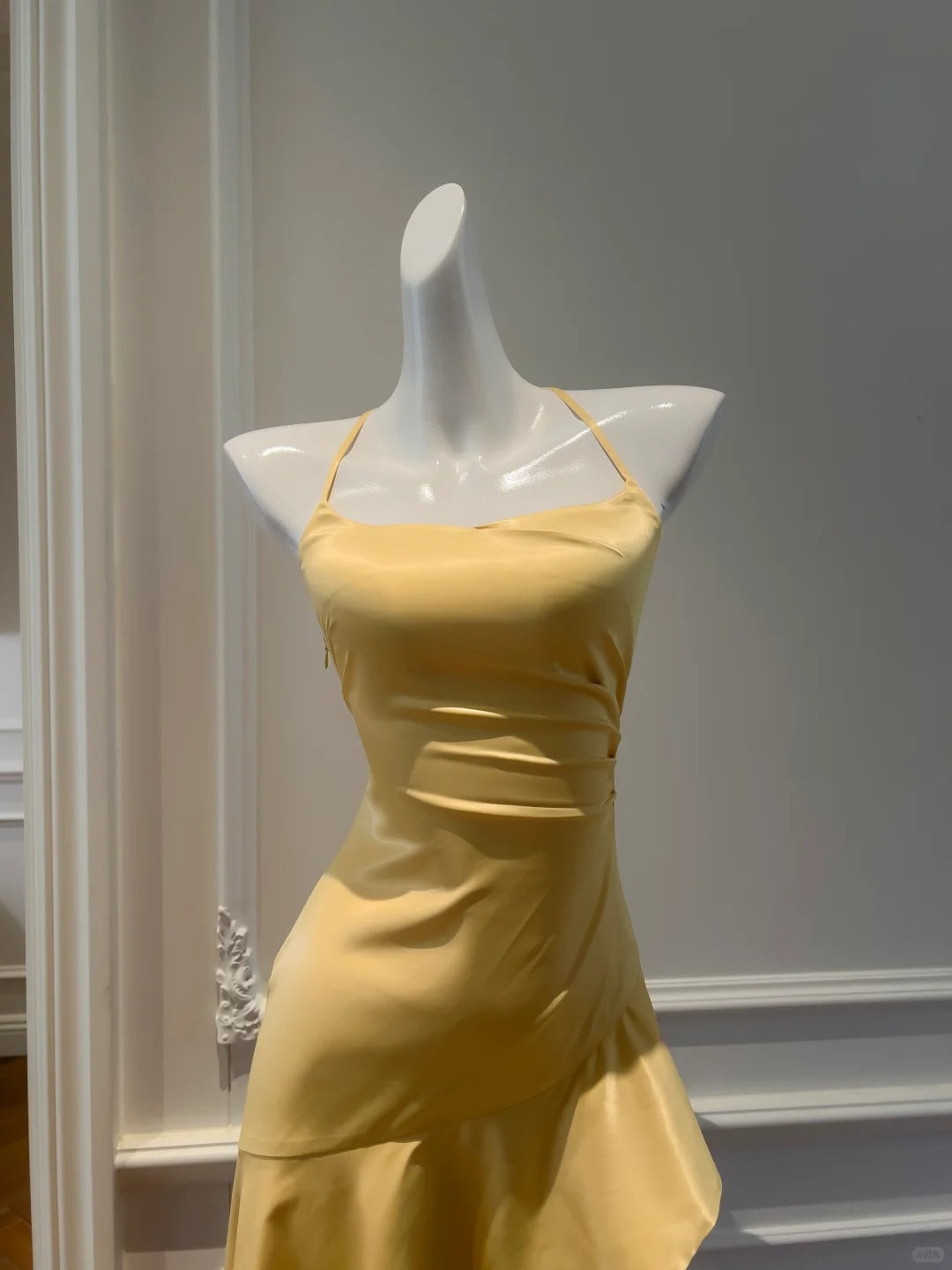 Elegant Yellow Irregular Halter Neck Satin Short Front Long Back Classy Prom Dress Secondary image