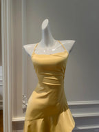Elegant Yellow Irregular Halter Neck Satin Short Front Long Back Classy Prom Dress