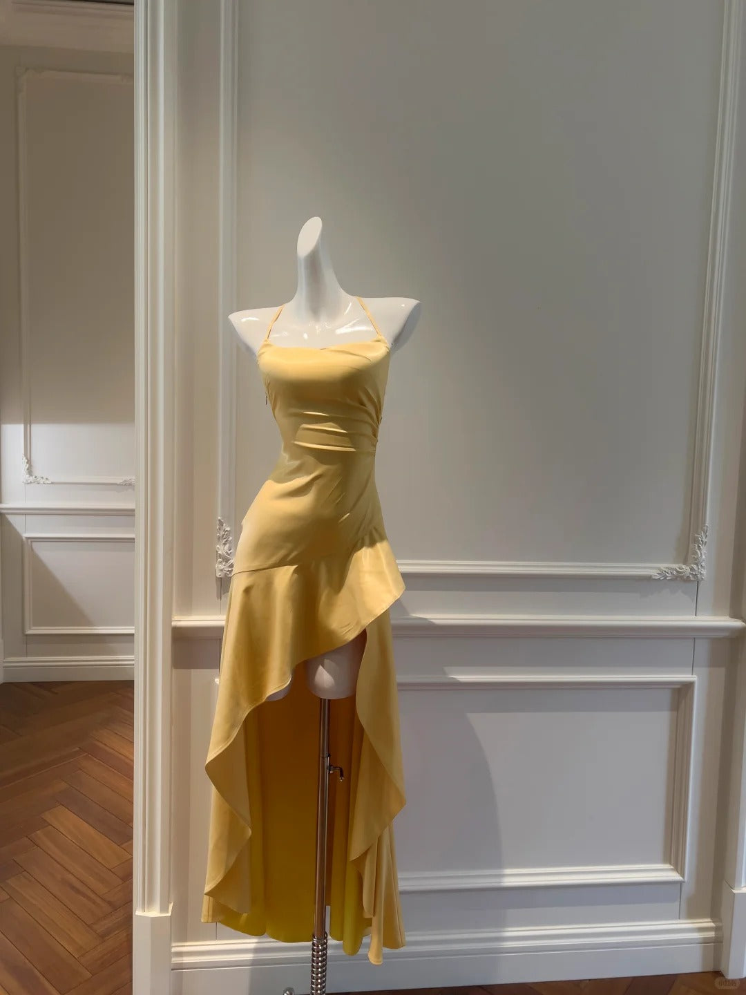 Elegant Yellow Irregular Halter Neck Satin Short Front Long Back Classy Prom Dress