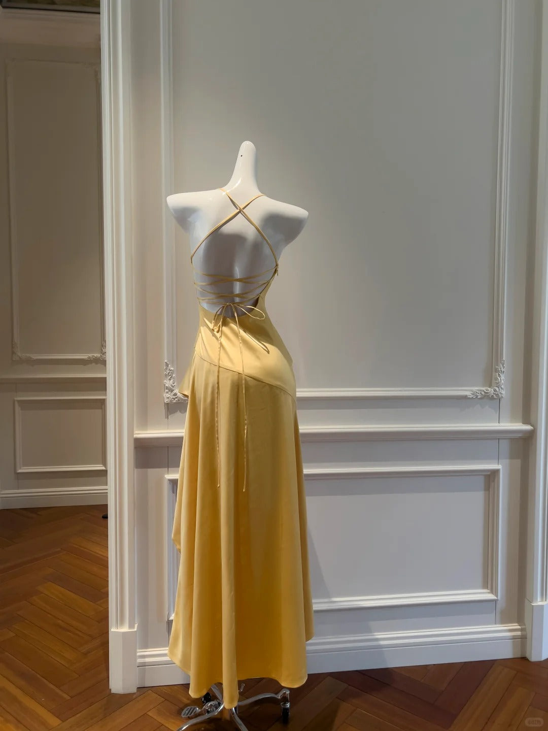 Elegant Yellow Irregular Halter Neck Satin Short Front Long Back Classy Prom Dress