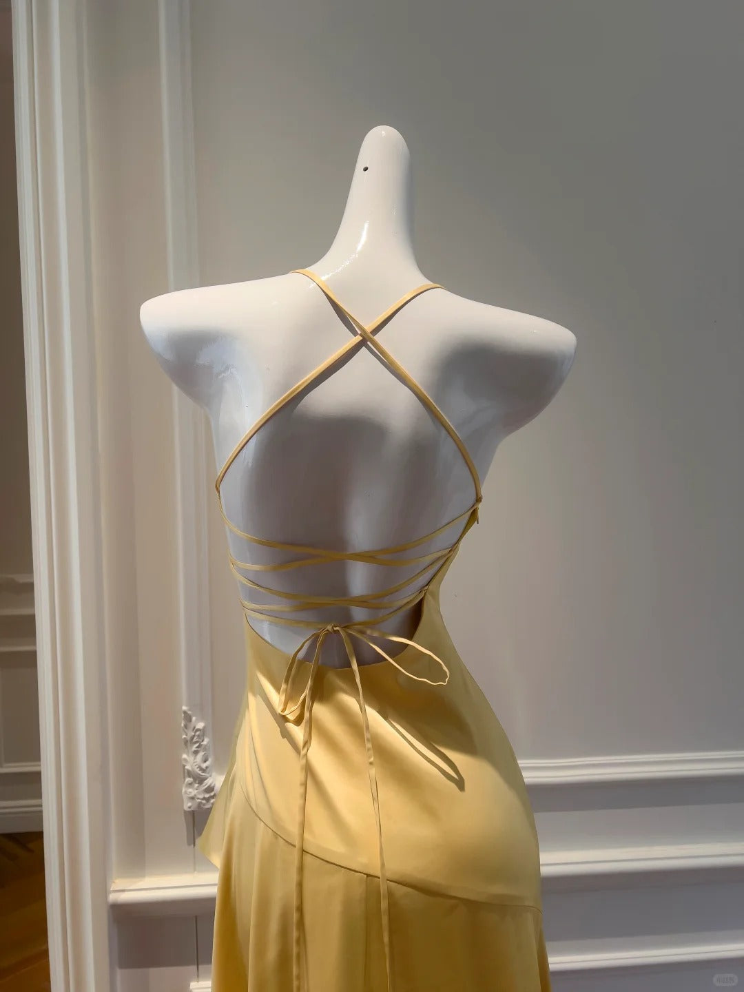Elegant Yellow Irregular Halter Neck Satin Short Front Long Back Classy Prom Dress