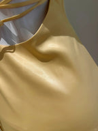 Elegant Yellow Irregular Halter Neck Satin Short Front Long Back Classy Prom Dress