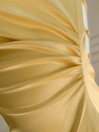 Elegant Yellow Irregular Halter Neck Satin Short Front Long Back Classy Prom Dress