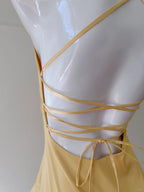 Elegant Yellow Irregular Halter Neck Satin Short Front Long Back Classy Prom Dress