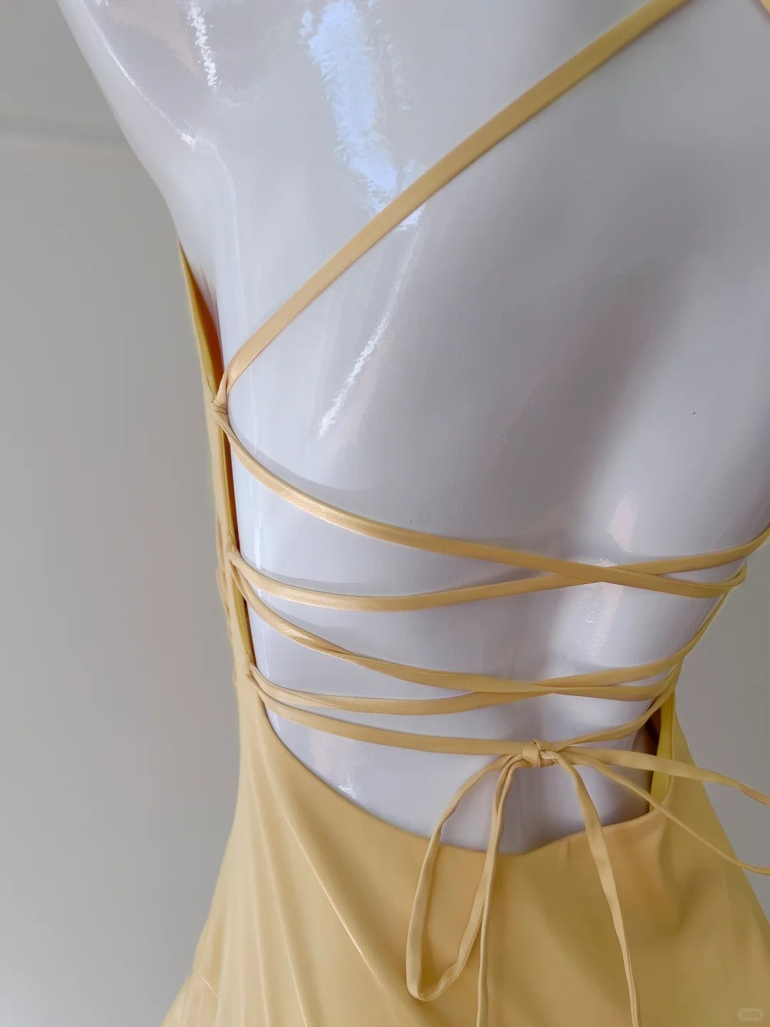 Elegant Yellow Irregular Halter Neck Satin Short Front Long Back Classy Prom Dress