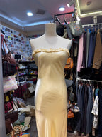 Elegant Yellow Mermaid Strapless Three-Dimensional Floral Satin Long Classy Prom Dress Bridesmaid Dress