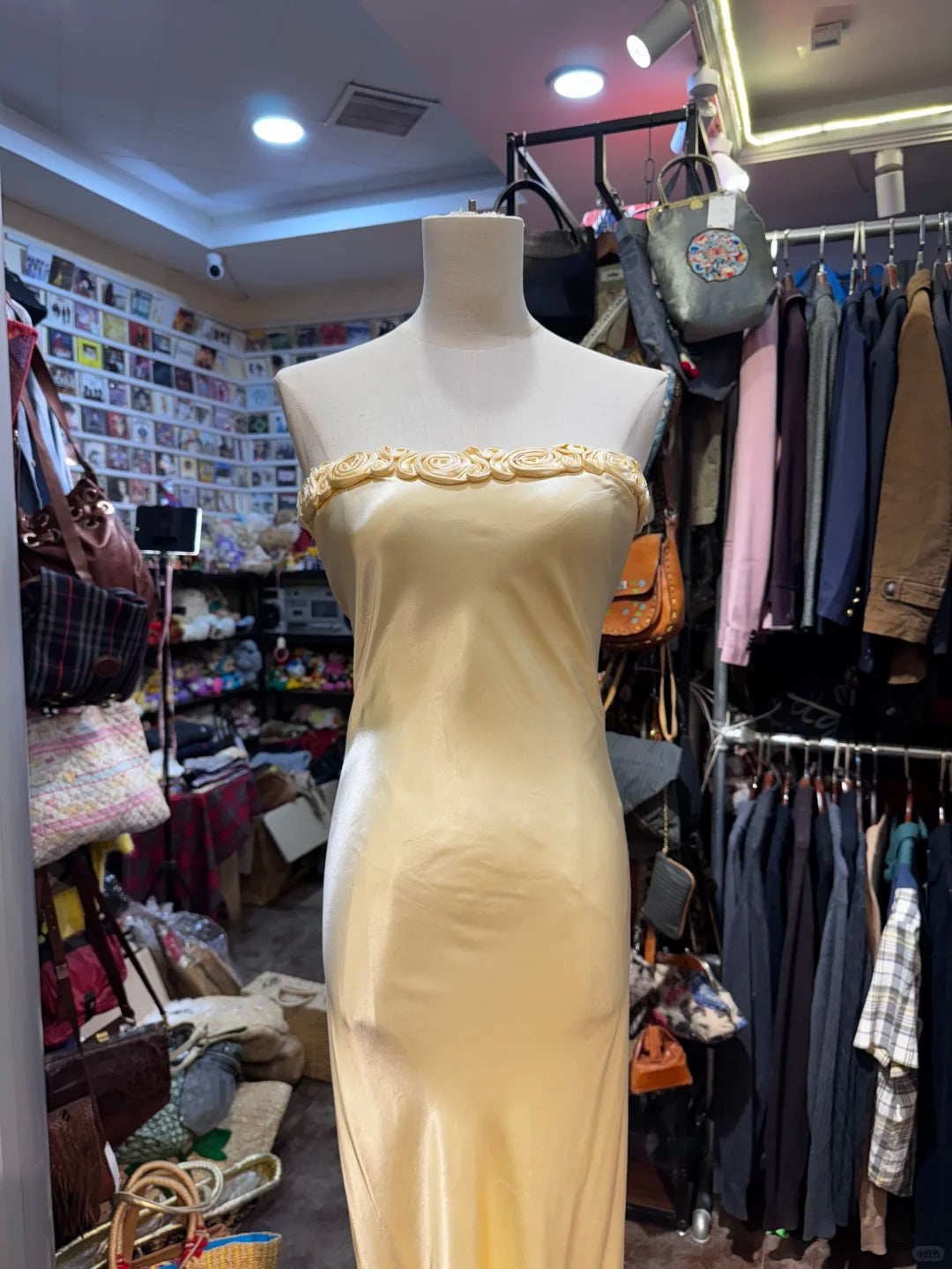 Elegant Yellow Mermaid Strapless Three-Dimensional Floral Satin Long Classy Prom Dress Bridesmaid Dress