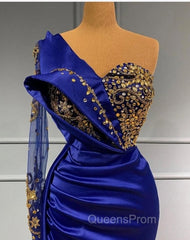 Elgeant Royal Blue One Shoulder Mermaid Evening Prom Dress with Sleeves