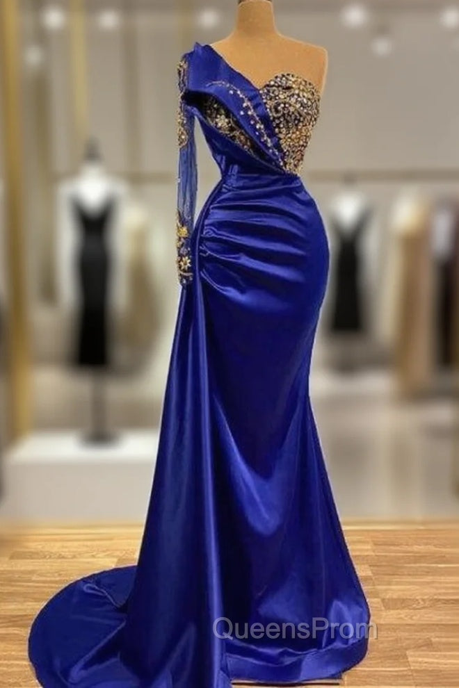Elgeant Royal Blue One Shoulder Mermaid Evening Prom Dress with Sleeves Main image