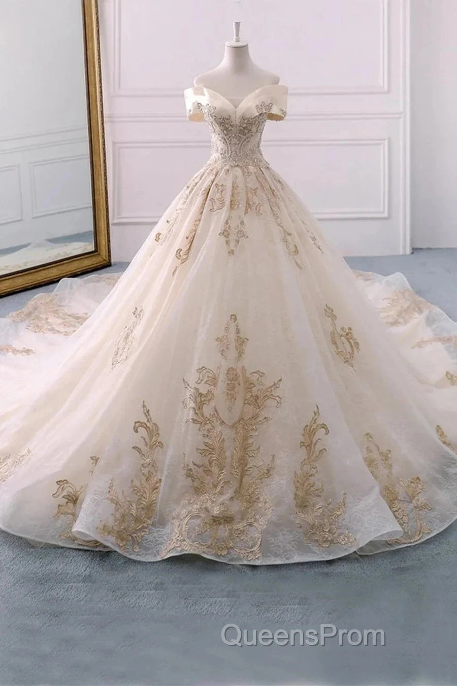 Embroidered Off-The-Shoulder Wedding Dress