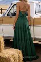 Emerald Green A-line V Neck Sleeveless Floor-Length Chiffon Prom Dress Long Prom Dresses Backless with Pleated Ruffles
