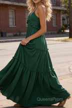 Emerald Green A-line V Neck Sleeveless Floor-Length Chiffon Prom Dress Long Prom Dresses Backless with Pleated Ruffles