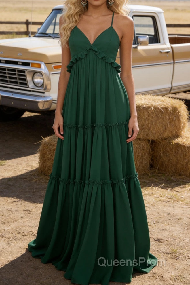 Emerald Green A-line V Neck Sleeveless Floor-Length Chiffon Prom Dress Long Prom Dresses Backless with Pleated Ruffles Main image