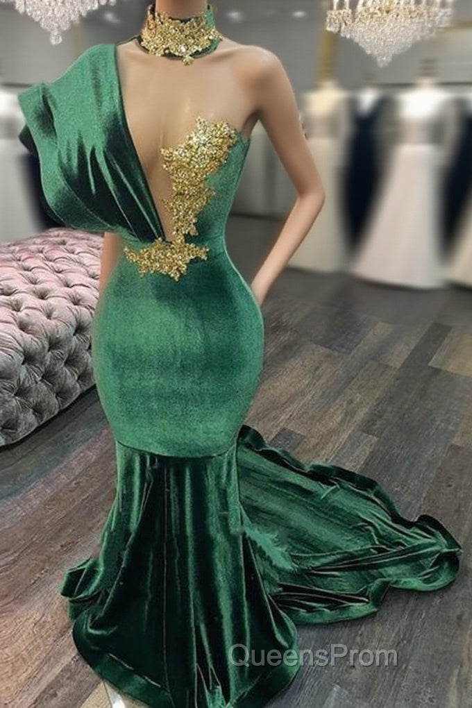 Emerald Green Evening Dress High Neck Appliques Gold Lace Mermaid Evening Prom Dress Sexy Formal Velvet Party Gowns Main image