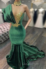 Emerald Green Evening Dress High Neck Appliques Gold Lace Mermaid Evening Prom Dress Sexy Formal Velvet Party Gowns