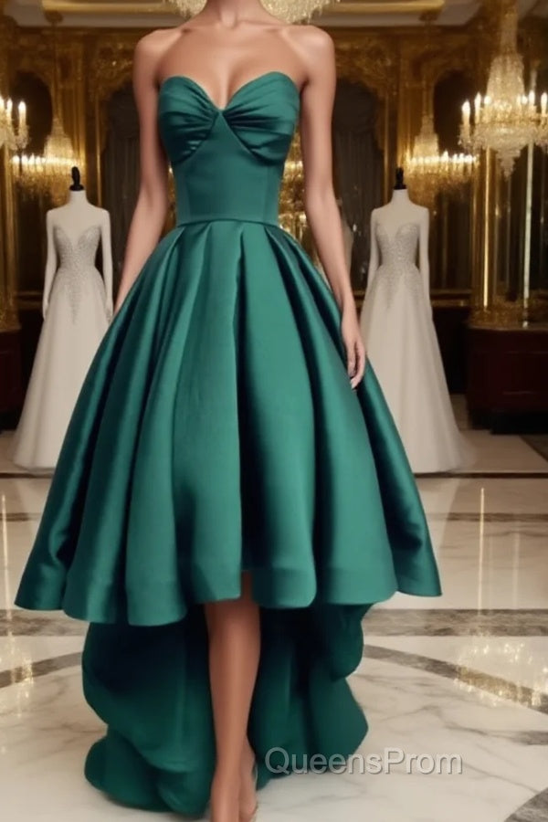Emerald Green High Low Satin Evening Prom Dress, Emerald Green High Low Formal Graduation Dress Main image
