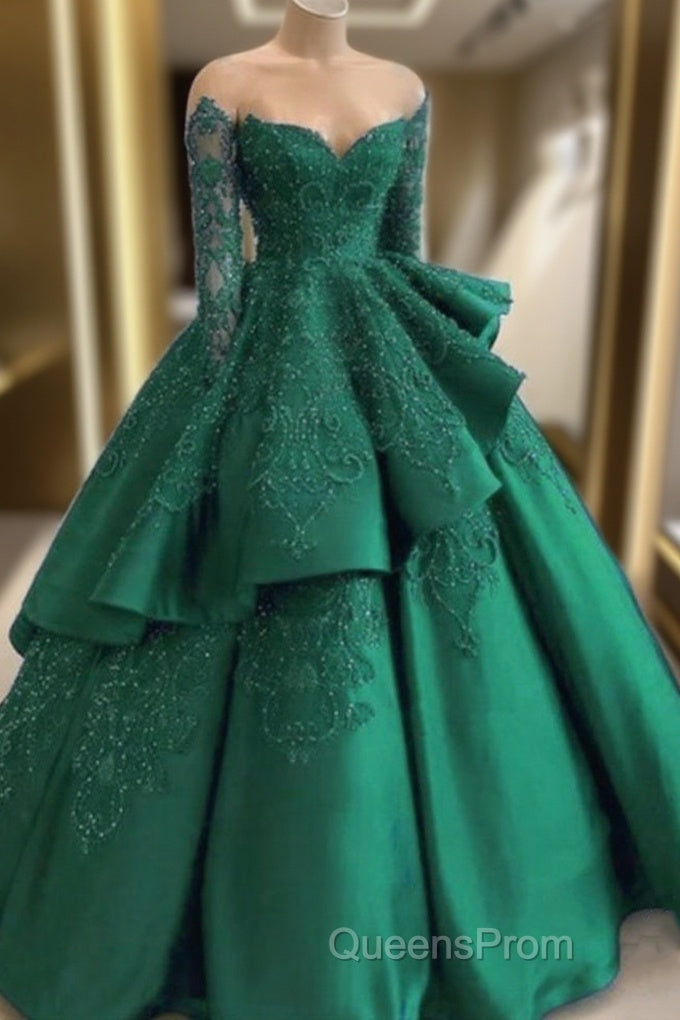 Emerald Green Evening Prom Dress Long Sleeves Green Ball Gown Evening Prom Dress Main image