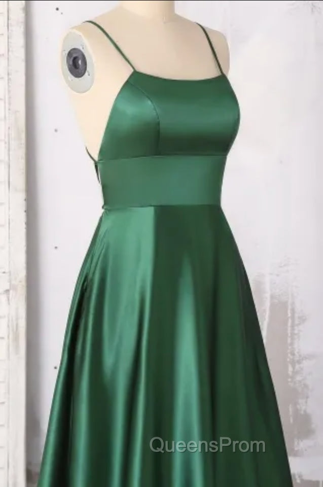 Emerald Green Evening Prom Dress, Strappy Back Slit Simple Satin Evening Prom Dress Secondary image