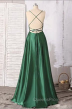 Emerald Green Evening Prom Dress, Strappy Back Slit Simple Satin Evening Prom Dress
