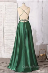 Emerald Green Evening Prom Dress, Strappy Back Slit Simple Satin Evening Prom Dress