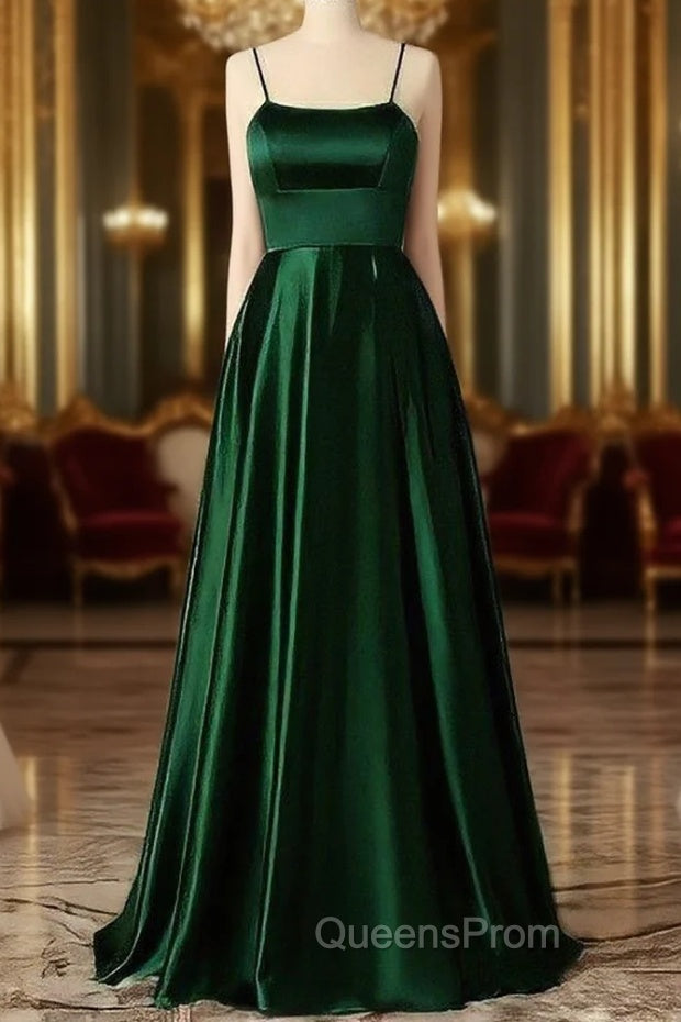Emerald Green Evening Prom Dress, Strappy Back Slit Simple Satin Evening Prom Dress Main image