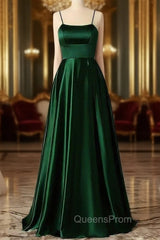 Emerald Green Evening Prom Dress, Strappy Back Slit Simple Satin Evening Prom Dress