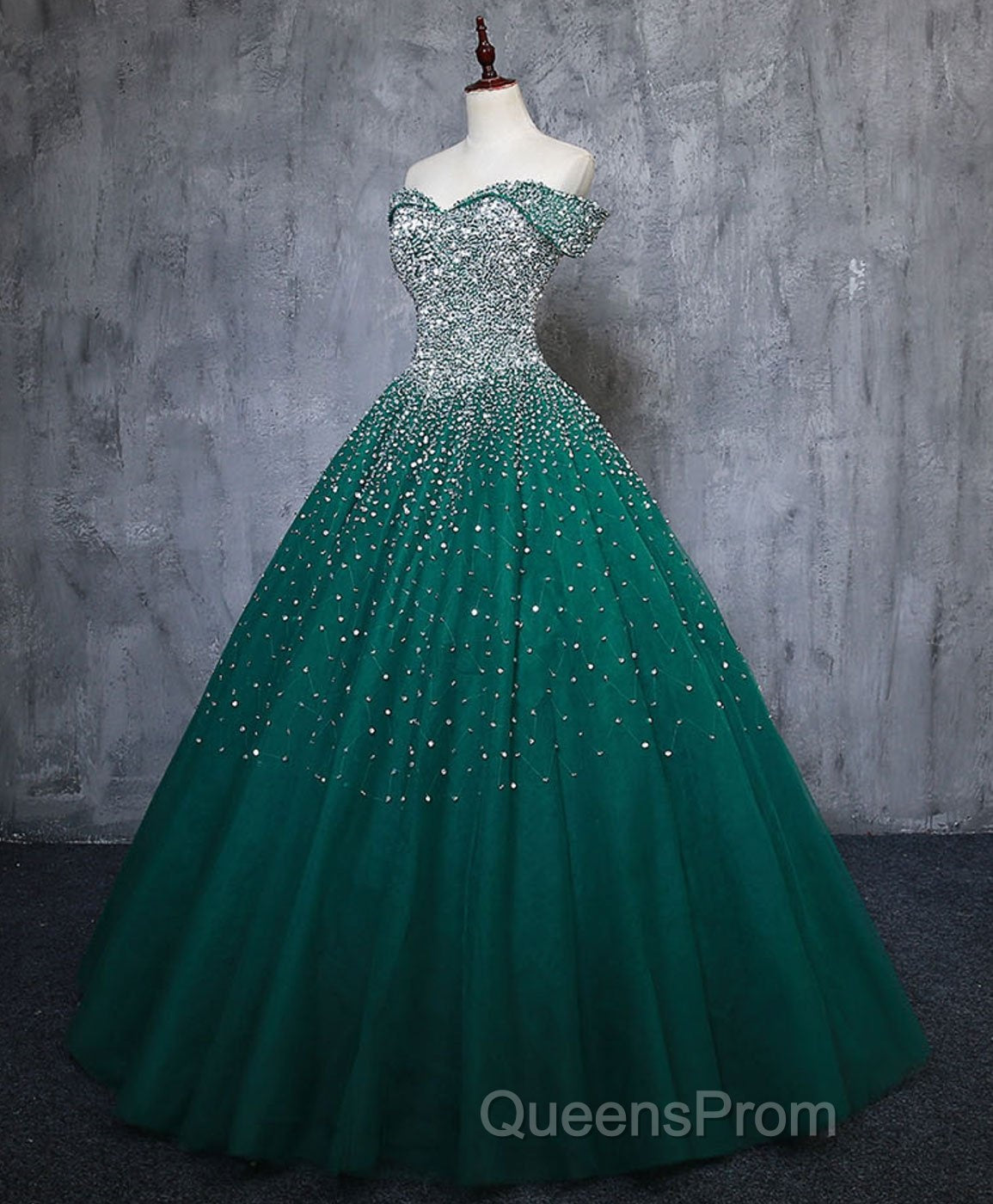 Emerald Green Sequin Evening Prom Dress Beaded Quinceanera Dress, Sweet 16 Dress