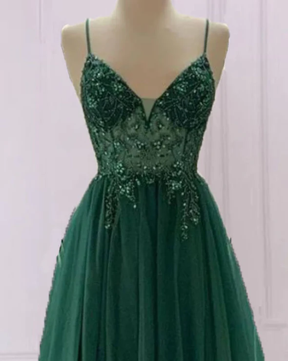 Emerald Green Beautiful V Neck Exquisite Beading Spaghetti Straps Long Tulle Handmade Custom Ball Gown Classy Evening Dress Party Dress Secondary image
