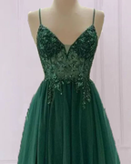 Emerald Green Beautiful V Neck Exquisite Beading Spaghetti Straps Long Tulle Handmade Custom Ball Gown Classy Evening Dress Party Dress