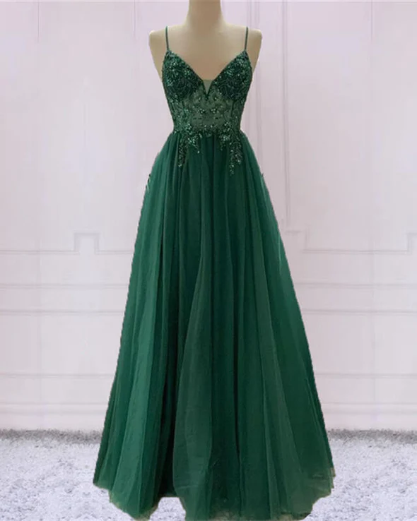 Emerald Green Beautiful V Neck Exquisite Beading Spaghetti Straps Long Tulle Handmade Custom Ball Gown Classy Evening Dress Party Dress Main image