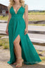 Emerald Green V Neck Chiffon Floor Length Bridesmaid Dresses Long Bridesmaid Dress With Pleated Split