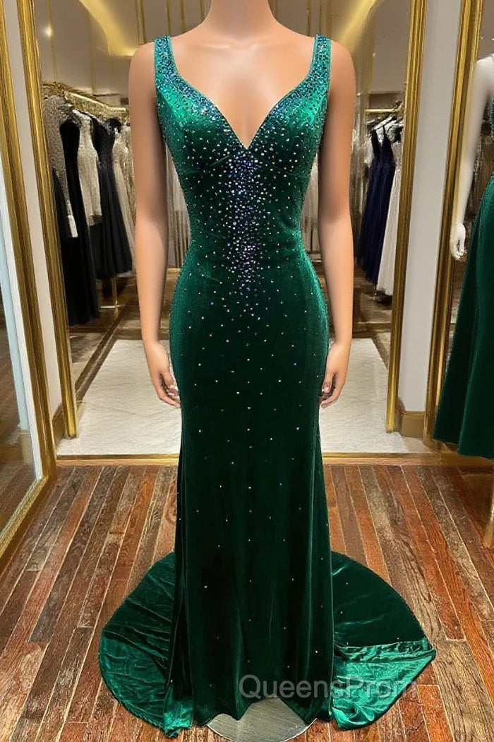 Emerald Velvet V-Neck Cutout Back Mermaid Long Formal Dress Main image