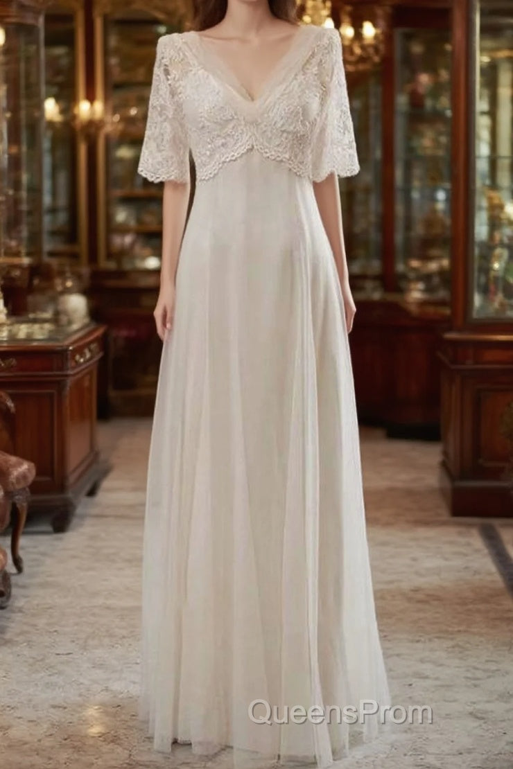 Empire Waist V-neck Tulle A-line Wedding Dress