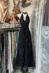 Enchanted Black A-Line Ball Gown Chiffon&Tulle Princess Halter Open Back Design For Galas & Formal Events