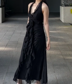 Sweet Black Halter A-Line Chiffon&Tulle Open Back Classy Prom Dress Birthday Dress