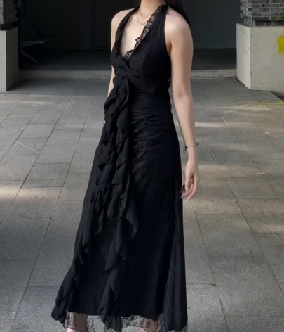 Sweet Black Halter A-Line Chiffon&Tulle Open Back Classy Prom Dress Birthday Dress