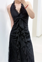 Sweet Black Halter A-Line Chiffon&Tulle Open Back Classy Prom Dress Birthday Dress