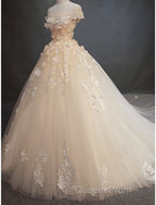 Engagement Vintage Formal Wedding Dress Ball Gown Off Shoulder Cap Sleeve Cathedral Train Lace Bridal Gowns With Pearls Appliques