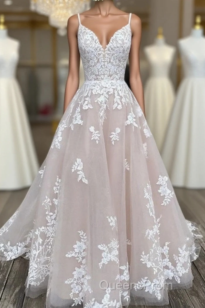Engagement Wedding Dress In Color Formal Wedding Dress Court Train A-Line Spaghetti Strap Sweetheart Lace With Buttons Appliques Main image