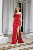 Engerla Sexy High Slit Evening Dresses Spaghetti Satin Ruched Shower Party Dress Pageant Celebrity Gown