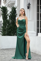 Engerla Sexy High Slit Evening Dresses Spaghetti Satin Ruched Shower Party Dress Pageant Celebrity Gown