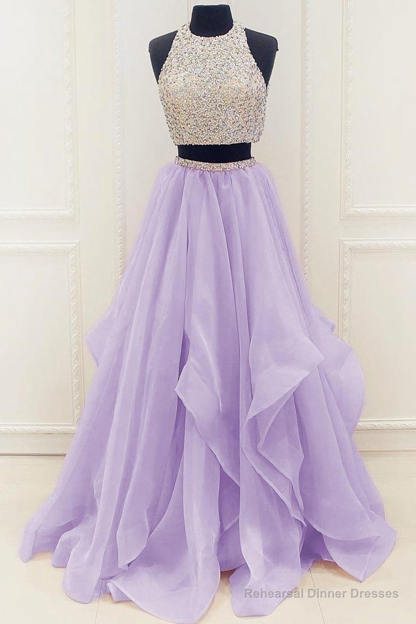 Two Piece High Neck Burgundy Prom Dress, Beaded Open Back Evening Gowns Secondary image